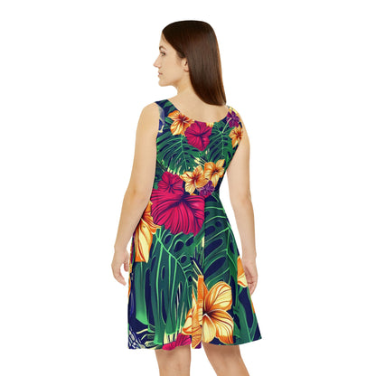 Tropical Skull Floral Skater Dress — Hawaiian Hibiscus & Monstera All-Over Print