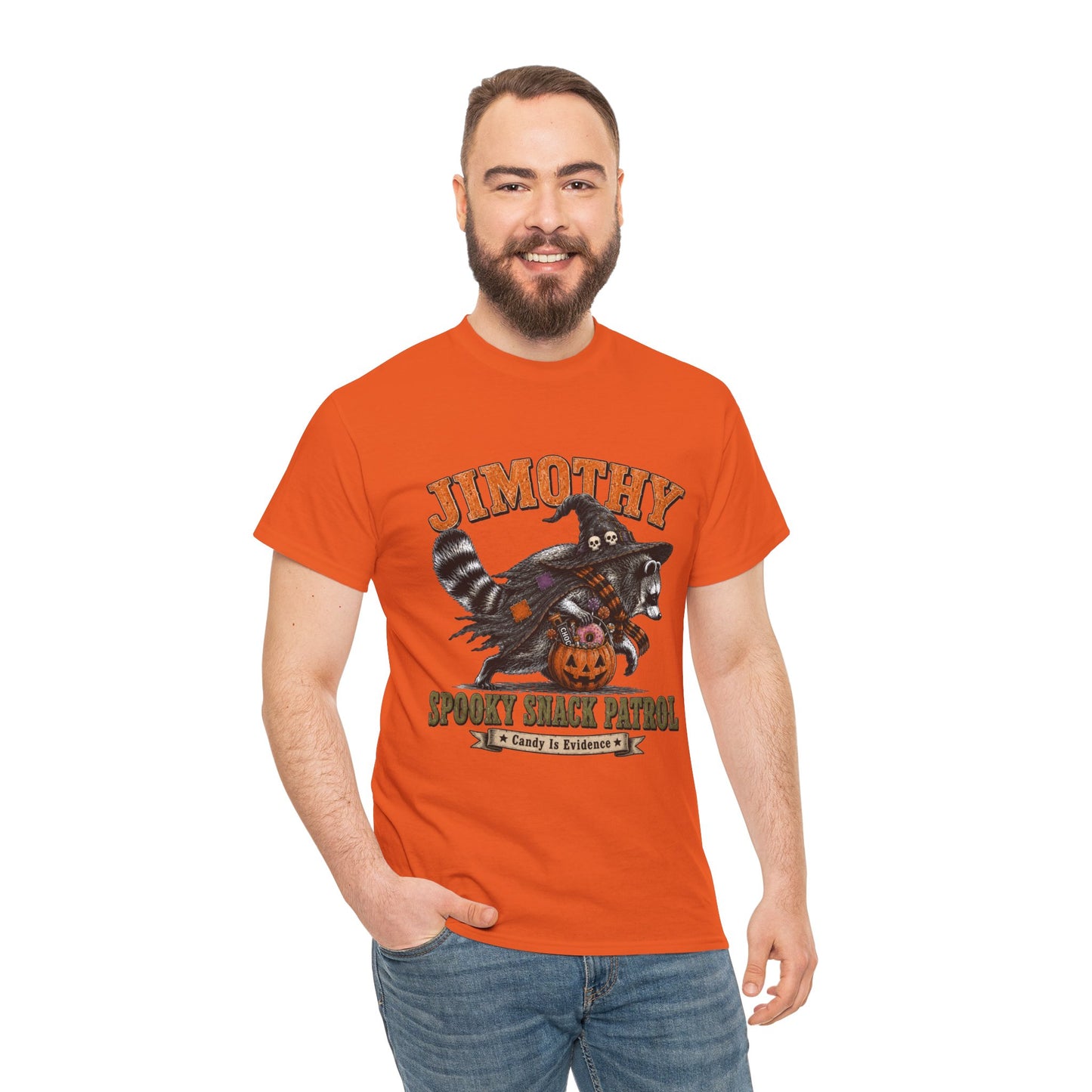 Halloween Racoon Tee — “Jimothy Spooky Snack Patrol” Graphic Shirt