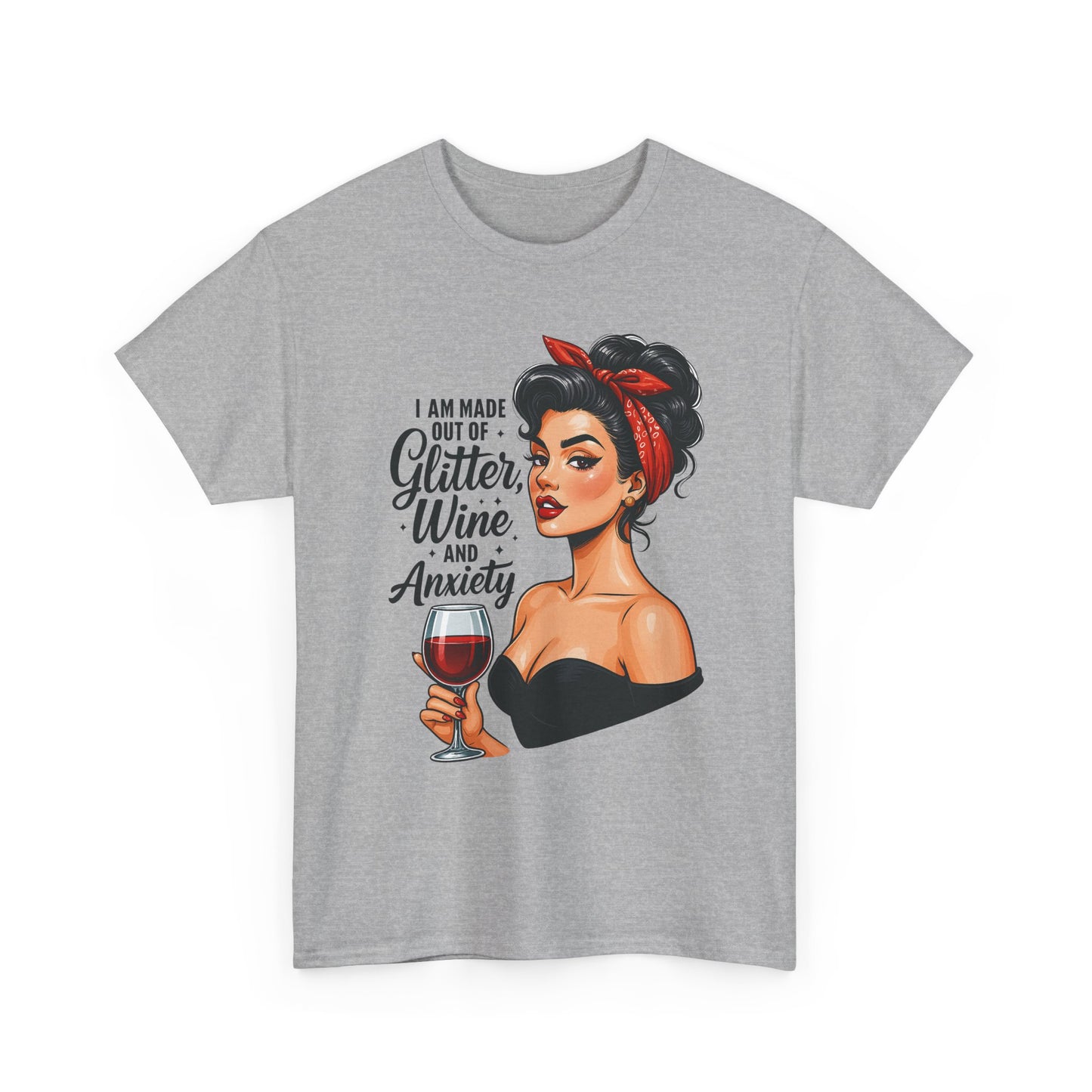 Wine & Anxiety Graphic Tee — Retro Pinup Woman Holding Wine Glass