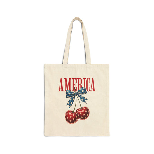 America Cherry Canvas Tote Bag — Patriotic USA Flag Bow Grocery Tote