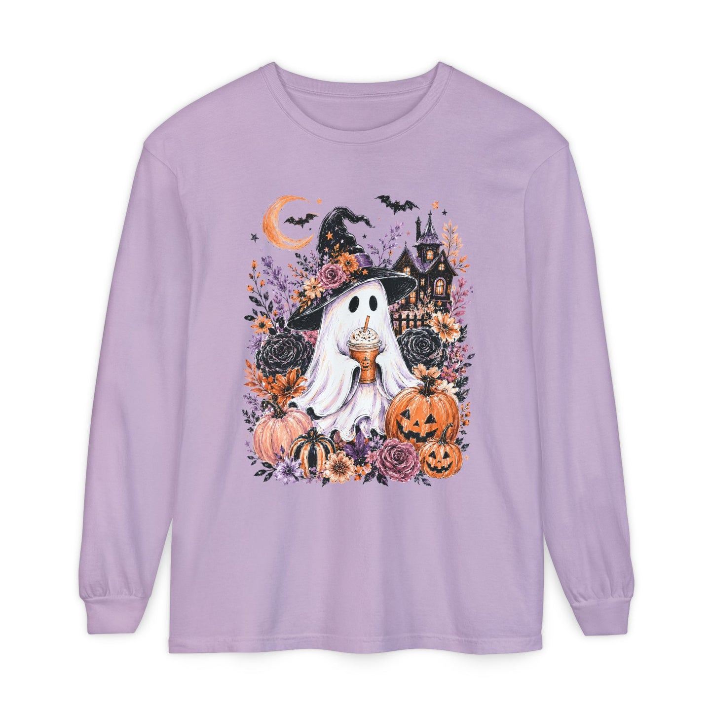Cute Halloween Ghost Long Sleeve T-Shirt – Pumpkin & Haunted House Graphic