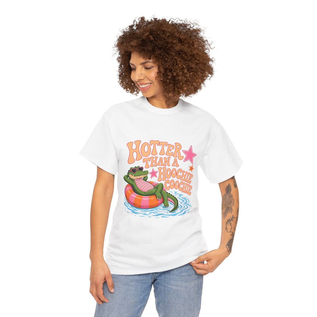 Graphic Tee — "Hotter Than a Hoochie Coochie" Alligator Pool Float Shirt