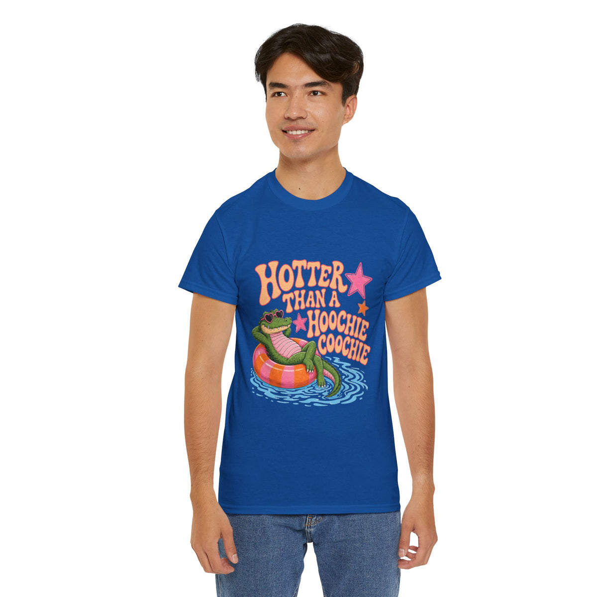 Graphic Tee — "Hotter Than a Hoochie Coochie" Alligator Pool Float Shirt