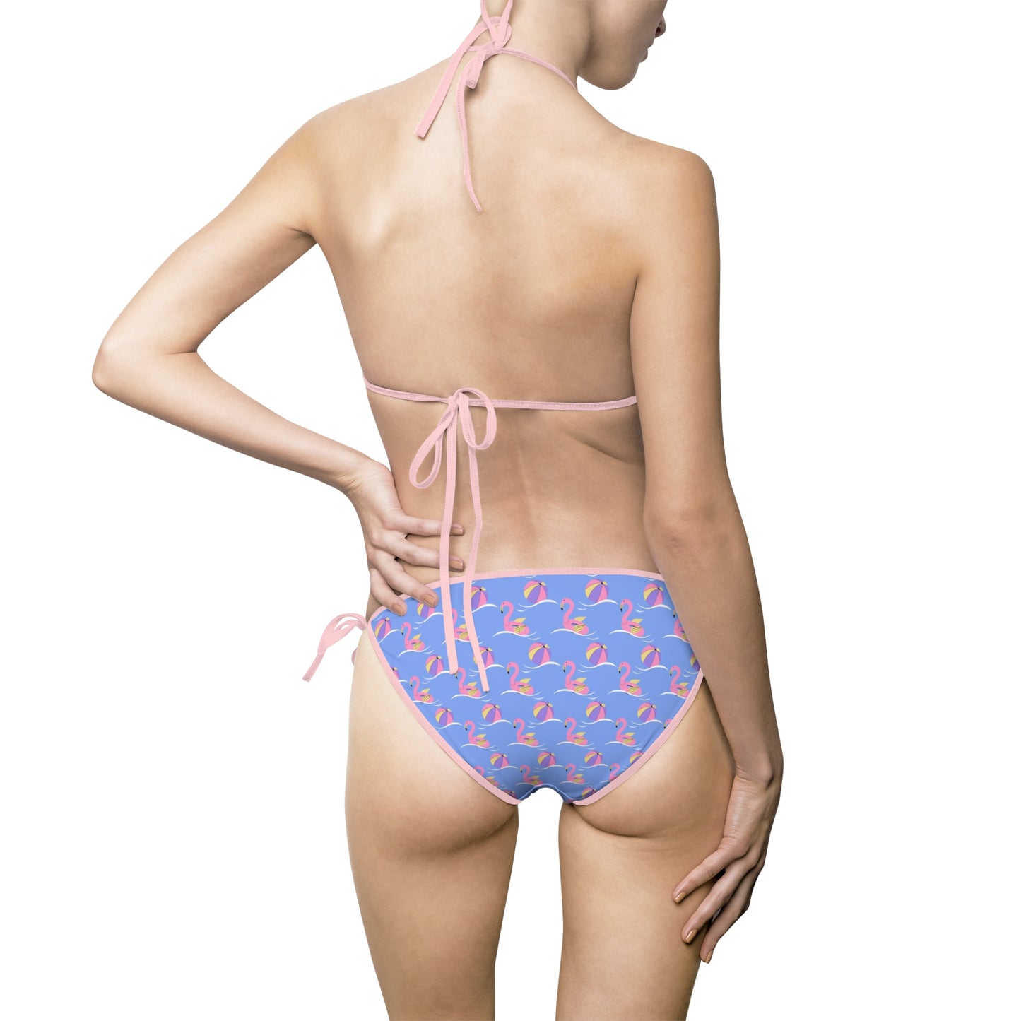 Blue Flamingo Print Tie-Side Two - Piece Triangle Bikini Swimsuit
