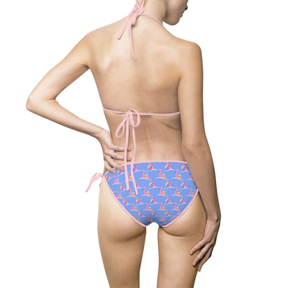 Blue Flamingo Print Tie-Side Two - Piece Triangle Bikini Swimsuit