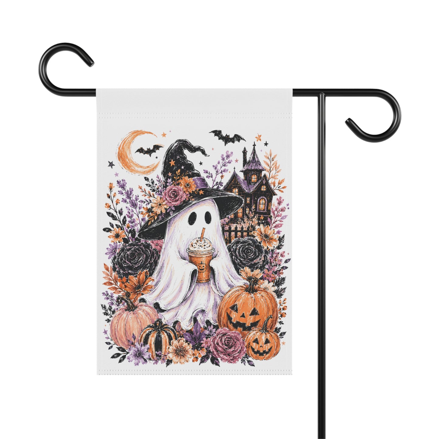 Halloween Ghost Garden Flag — Witch Hat Ghost with Pumpkins & Haunted House Garden Banner