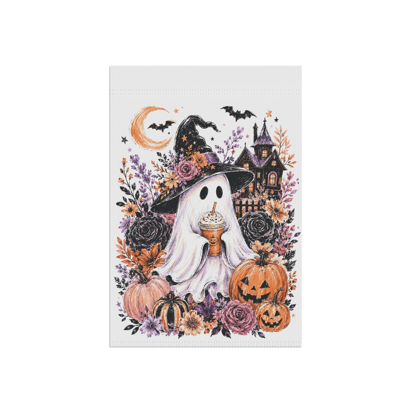 Halloween Ghost Garden Flag — Witch Hat Ghost with Pumpkins & Haunted House Garden Banner