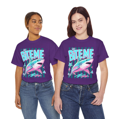 Shark 'Bite Me' Graphic Tee — Retro Neon Coastal Surf T-Shirt