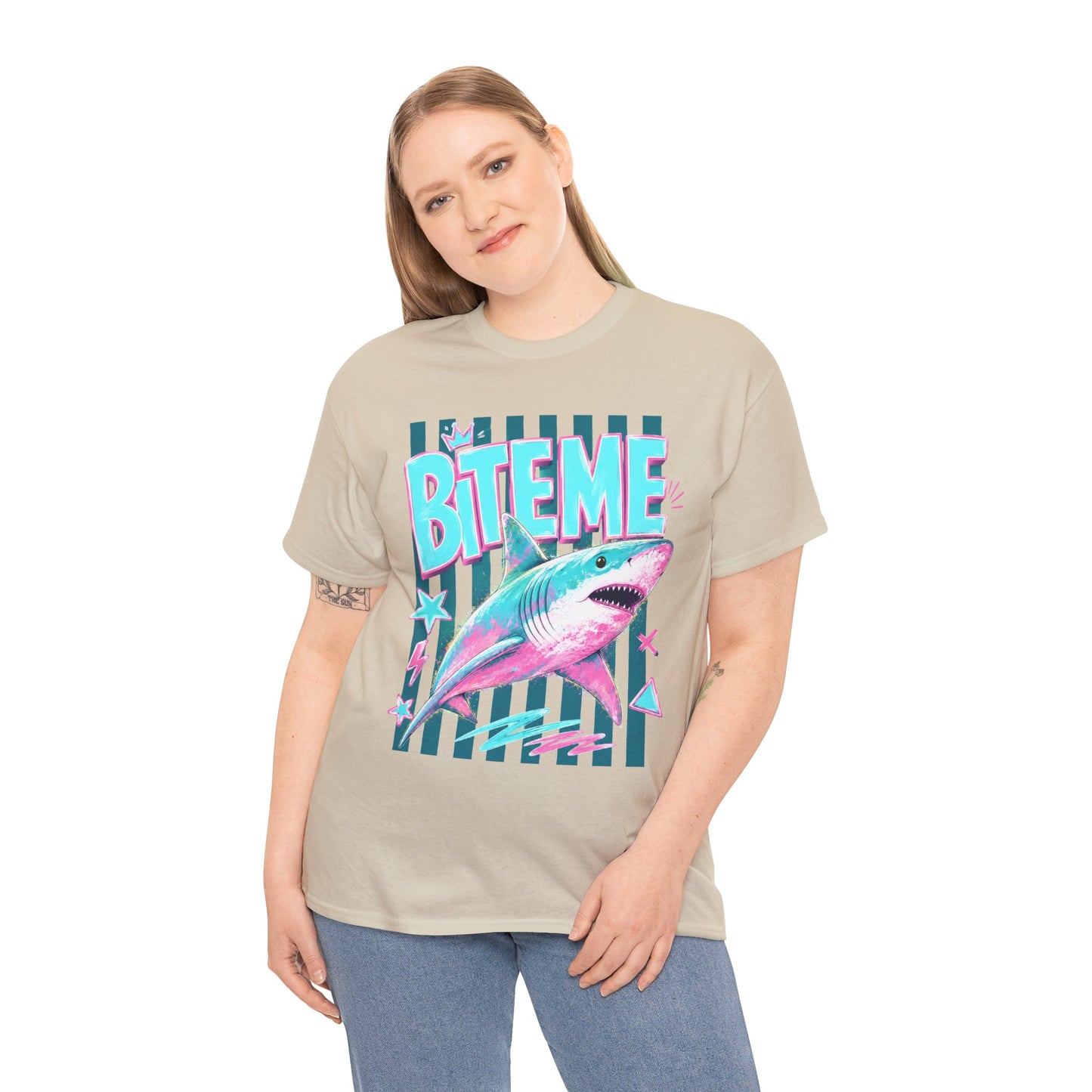 Shark 'Bite Me' Graphic Tee — Retro Neon Coastal Surf T-Shirt