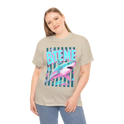 Shark 'Bite Me' Graphic Tee — Retro Neon Coastal Surf T-Shirt
