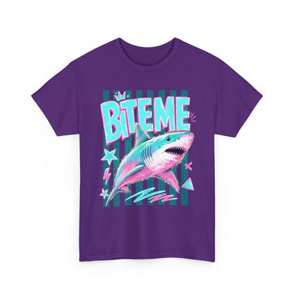 Shark 'Bite Me' Graphic Tee — Retro Neon Coastal Surf T-Shirt