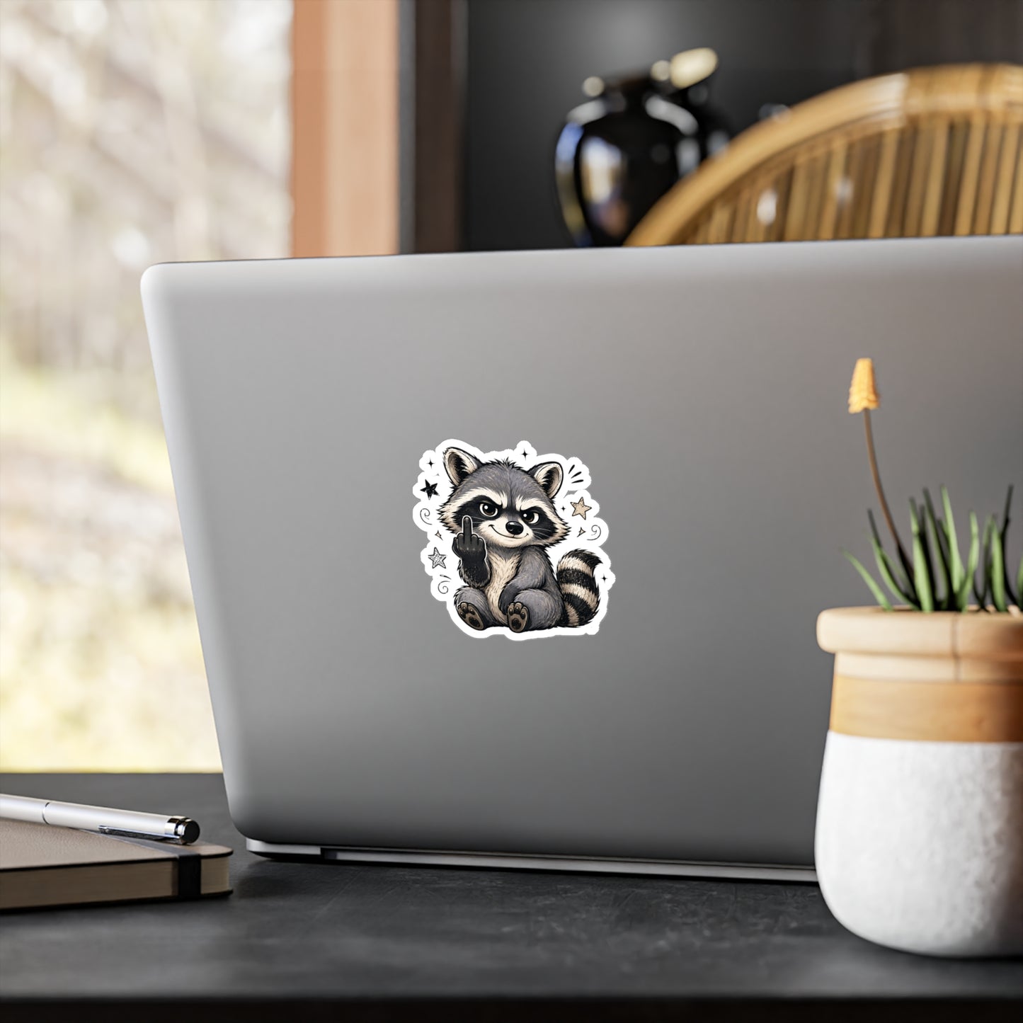 Rude Raccoon Kiss-Cut Vinyl Sticker — Sassy Middle Finger Decal for Laptop, Water Bottle, Car