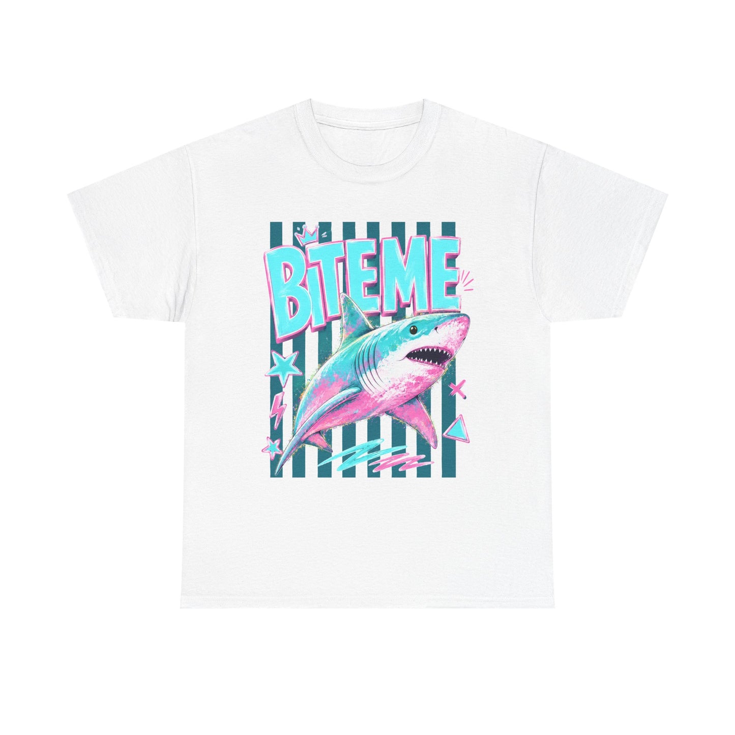 Shark 'Bite Me' Graphic Tee — Retro Neon Coastal Surf T-Shirt