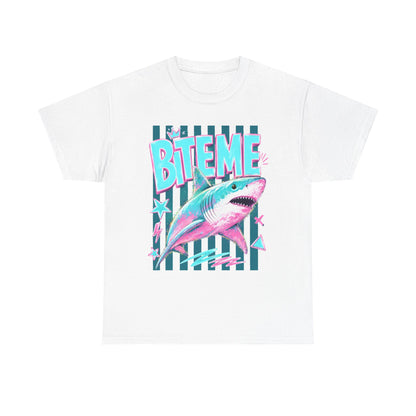 Shark 'Bite Me' Graphic Tee — Retro Neon Coastal Surf T-Shirt