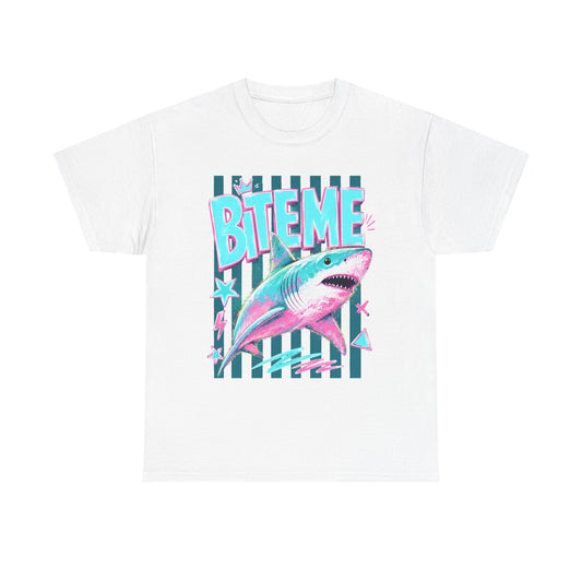 Shark 'Bite Me' Graphic Tee — Retro Neon Coastal Surf T-Shirt
