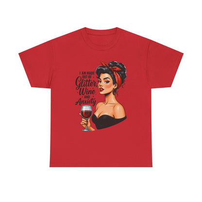 Wine & Anxiety Graphic Tee — Retro Pinup Woman Holding Wine Glass