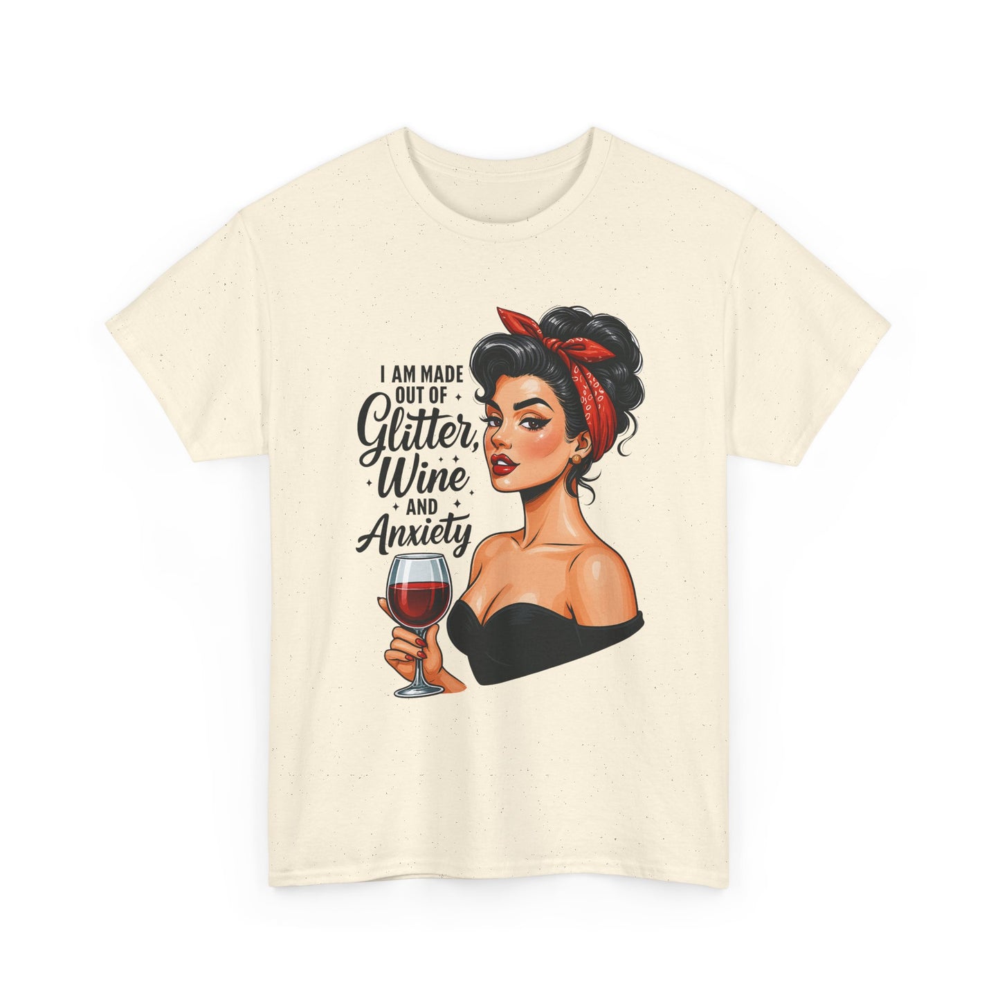 Wine & Anxiety Graphic Tee — Retro Pinup Woman Holding Wine Glass