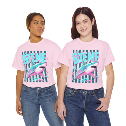 Shark 'Bite Me' Graphic Tee — Retro Neon Coastal Surf T-Shirt