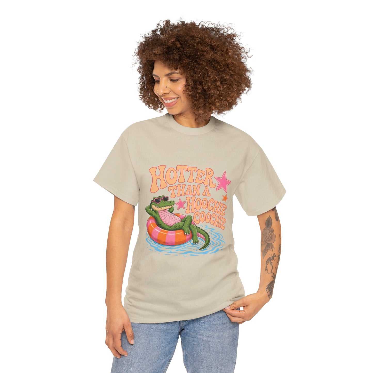 Graphic Tee — "Hotter Than a Hoochie Coochie" Alligator Pool Float Shirt