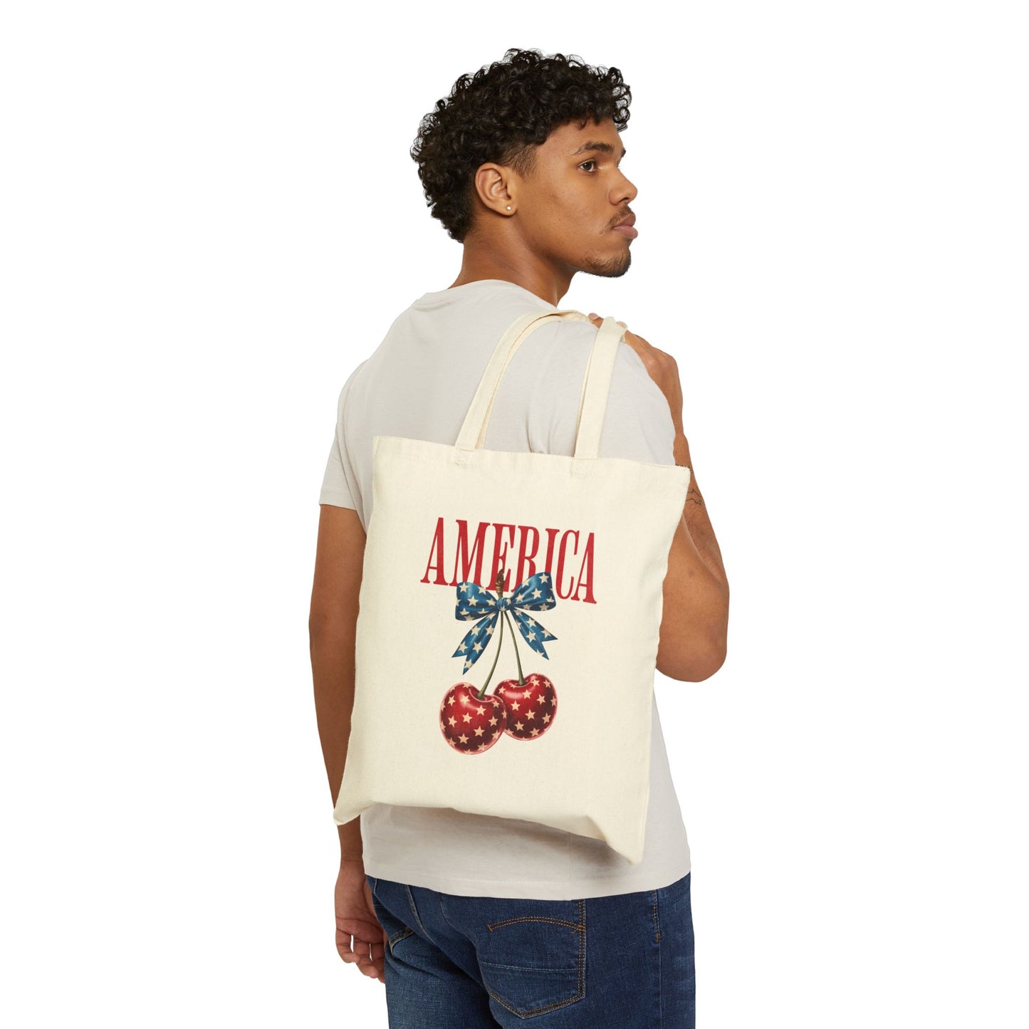 America Cherry Canvas Tote Bag — Patriotic USA Flag Bow Grocery Tote