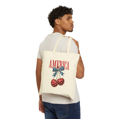 America Cherry Canvas Tote Bag — Patriotic USA Flag Bow Grocery Tote