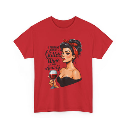 Wine & Anxiety Graphic Tee — Retro Pinup Woman Holding Wine Glass