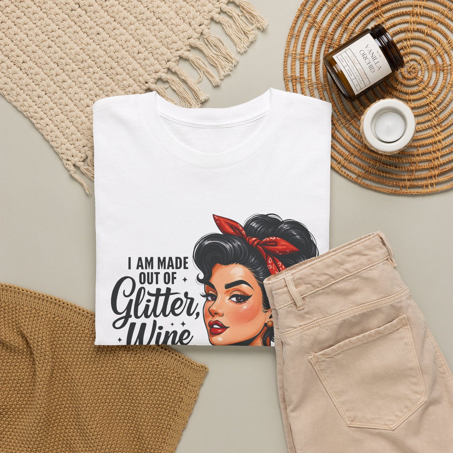 Wine & Anxiety Graphic Tee — Retro Pinup Woman Holding Wine Glass