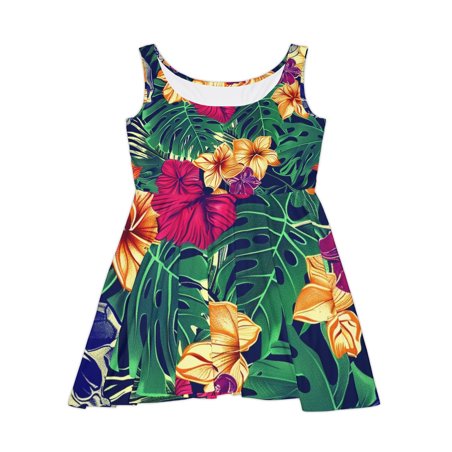 Tropical Skull Floral Skater Dress — Hawaiian Hibiscus & Monstera All-Over Print