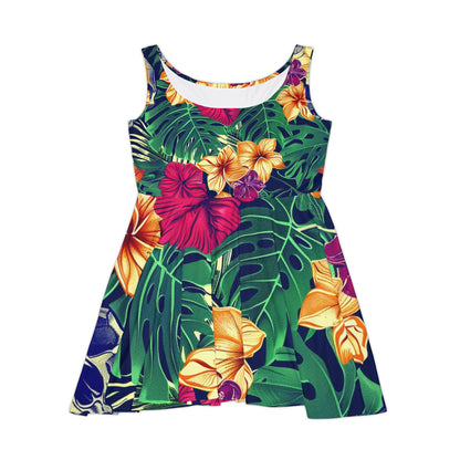 Tropical Skull Floral Skater Dress — Hawaiian Hibiscus & Monstera All-Over Print