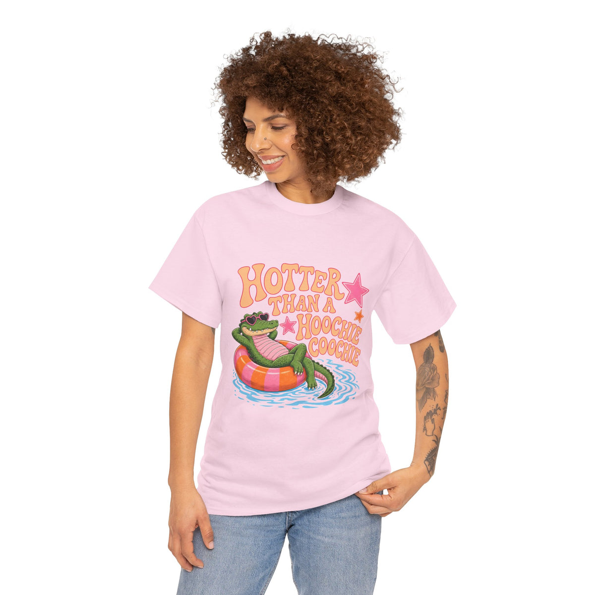 Graphic Tee — "Hotter Than a Hoochie Coochie" Alligator Pool Float Shirt