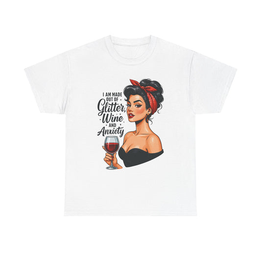 Wine & Anxiety Graphic Tee — Retro Pinup Woman Holding Wine Glass