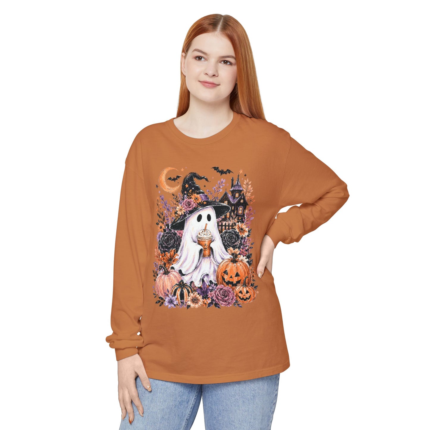 Cute Halloween Ghost Long Sleeve T-Shirt – Pumpkin & Haunted House Graphic