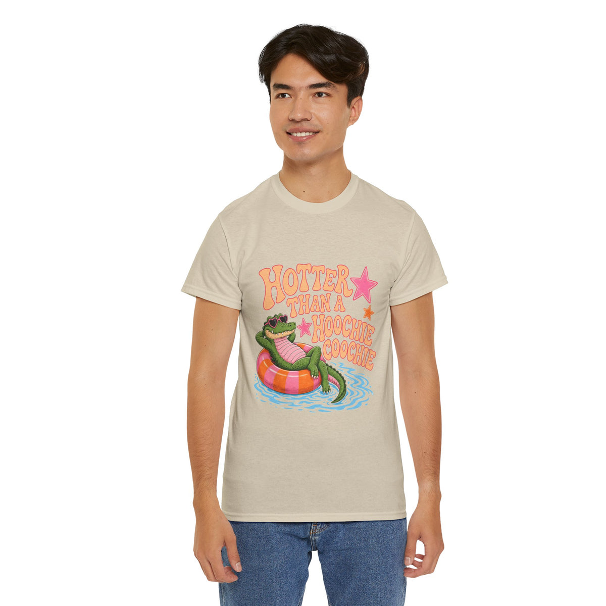 Graphic Tee — "Hotter Than a Hoochie Coochie" Alligator Pool Float Shirt