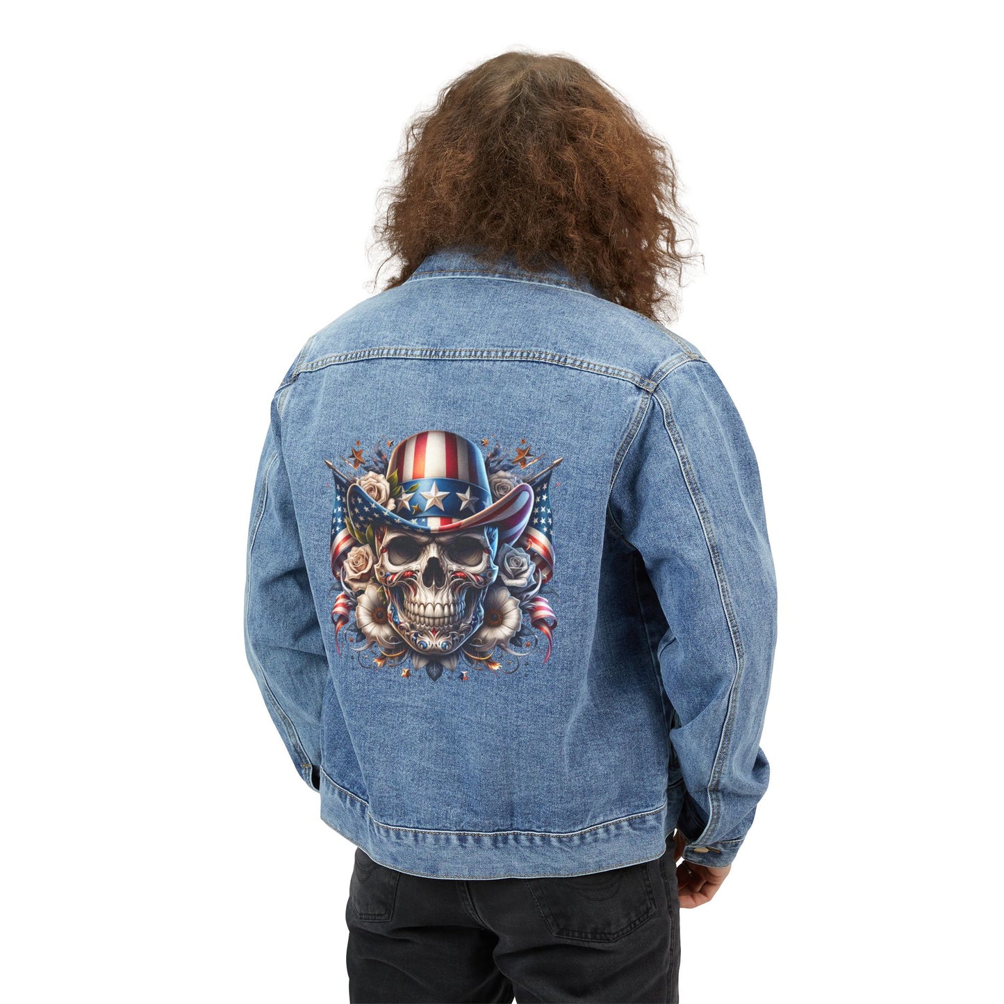 Denim Jacket with Patriotic Skull Back Graphic – American Flag Cowboy Skull Design
