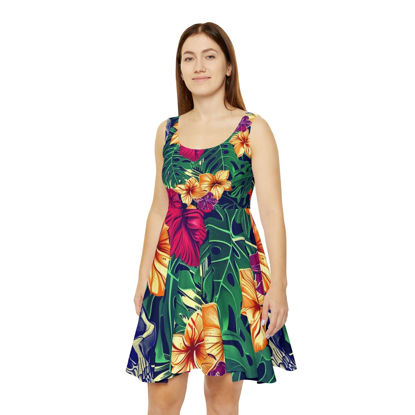 Tropical Skull Floral Skater Dress — Hawaiian Hibiscus & Monstera All-Over Print