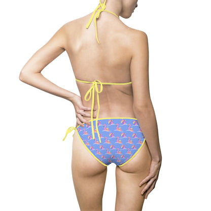 Blue Flamingo Print Tie-Side Two - Piece Triangle Bikini Swimsuit