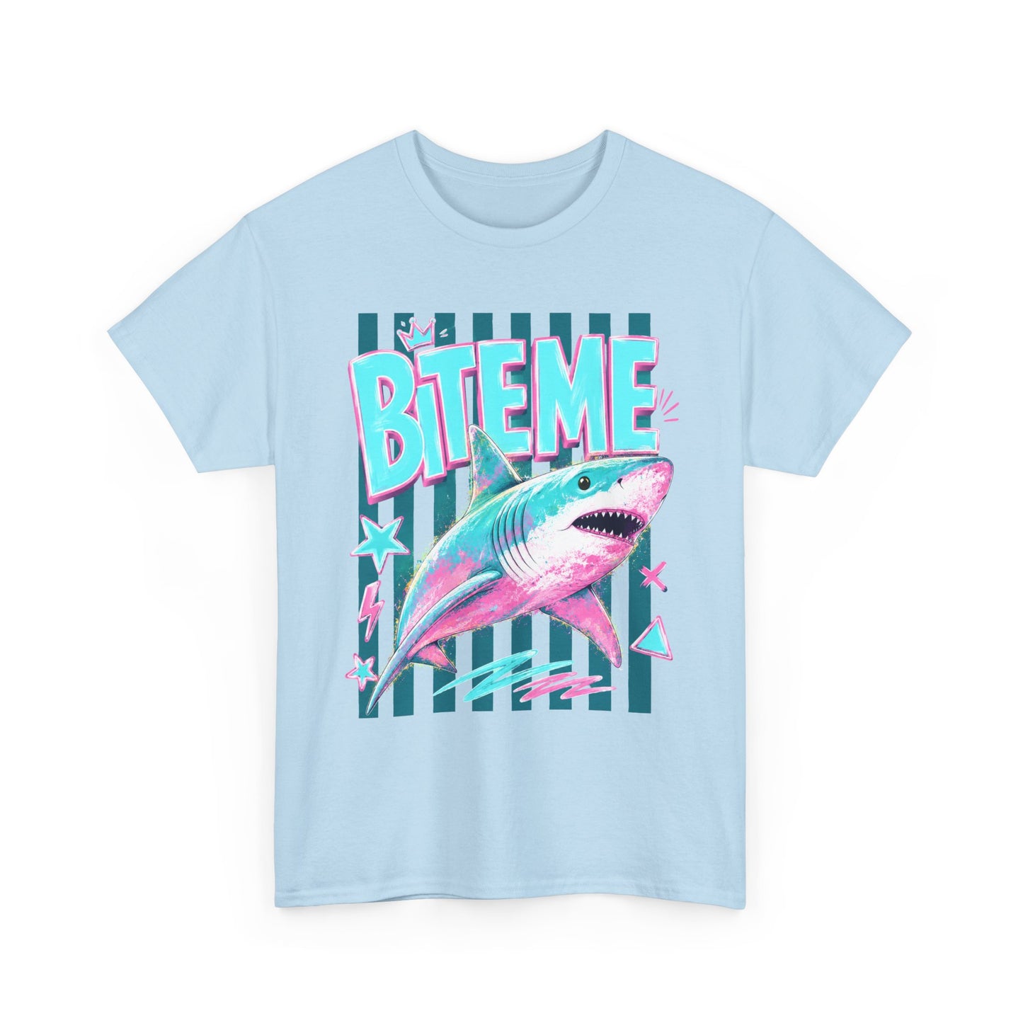 Shark 'Bite Me' Graphic Tee — Retro Neon Coastal Surf T-Shirt