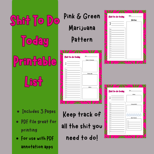 Shit to Do Today Pink & Green Weed Pattern Checklist/Tracker Pages