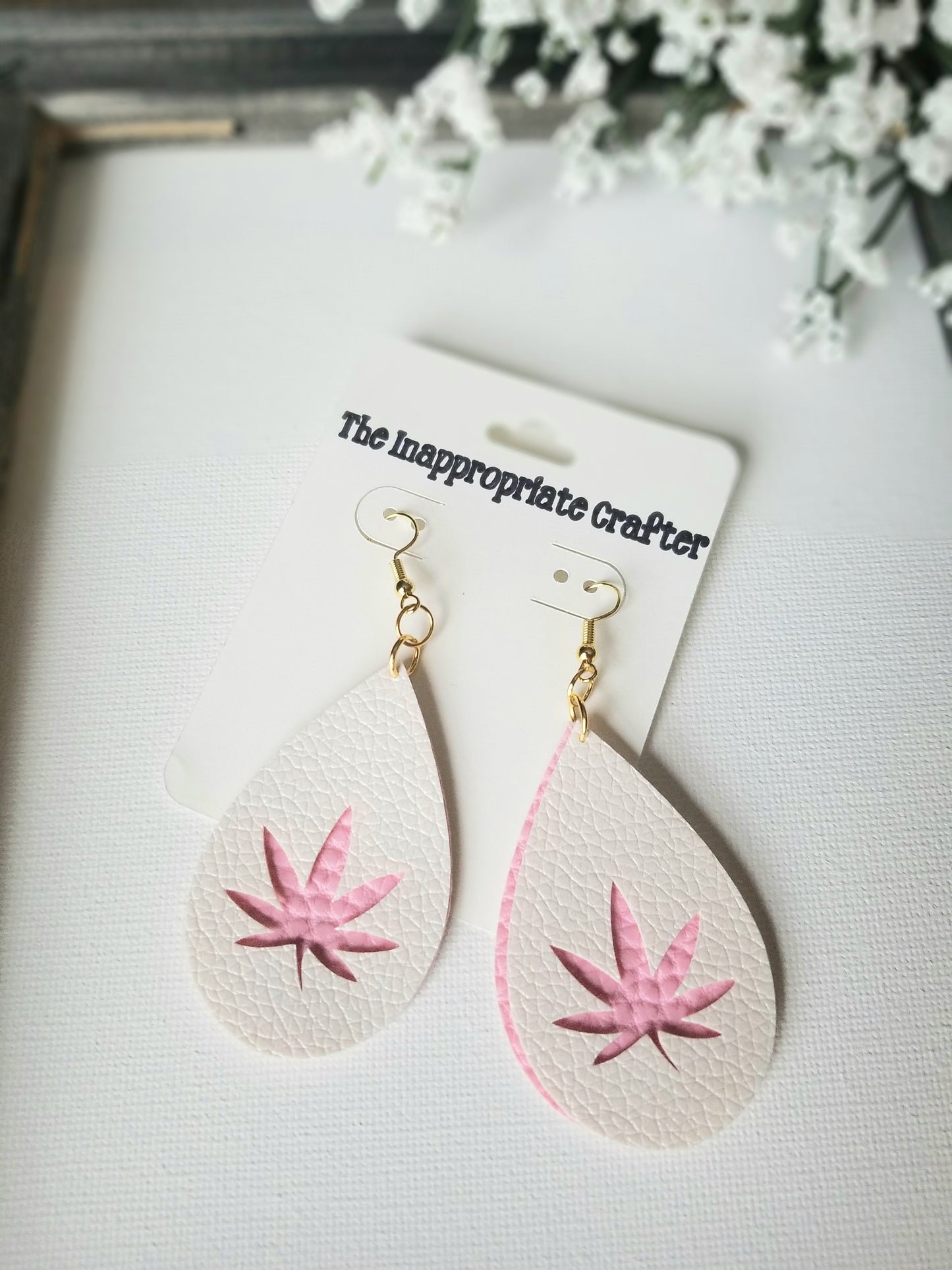 White and Pink Weed Cutout Earrings