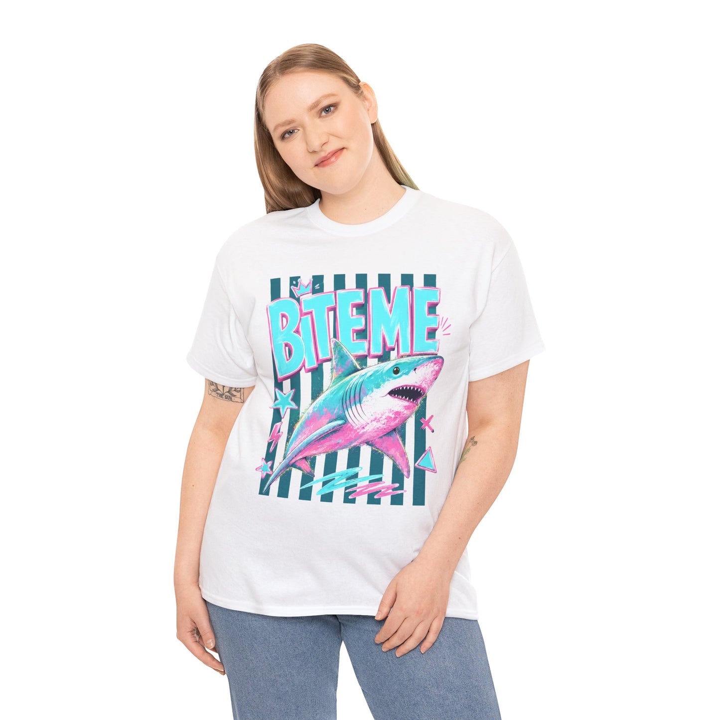 Shark 'Bite Me' Graphic Tee — Retro Neon Coastal Surf T-Shirt