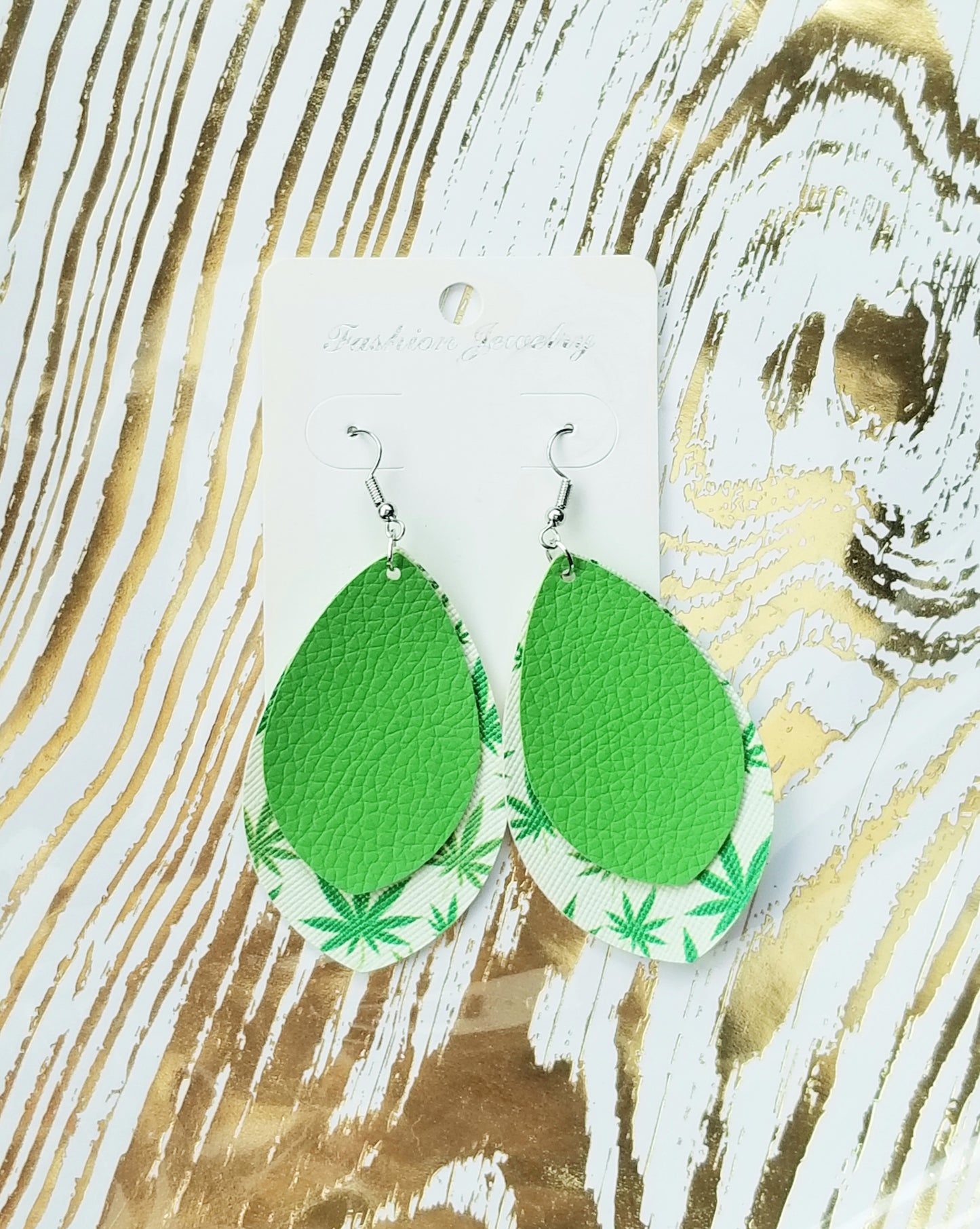 Green & White Pot Leaf Layered Earrings