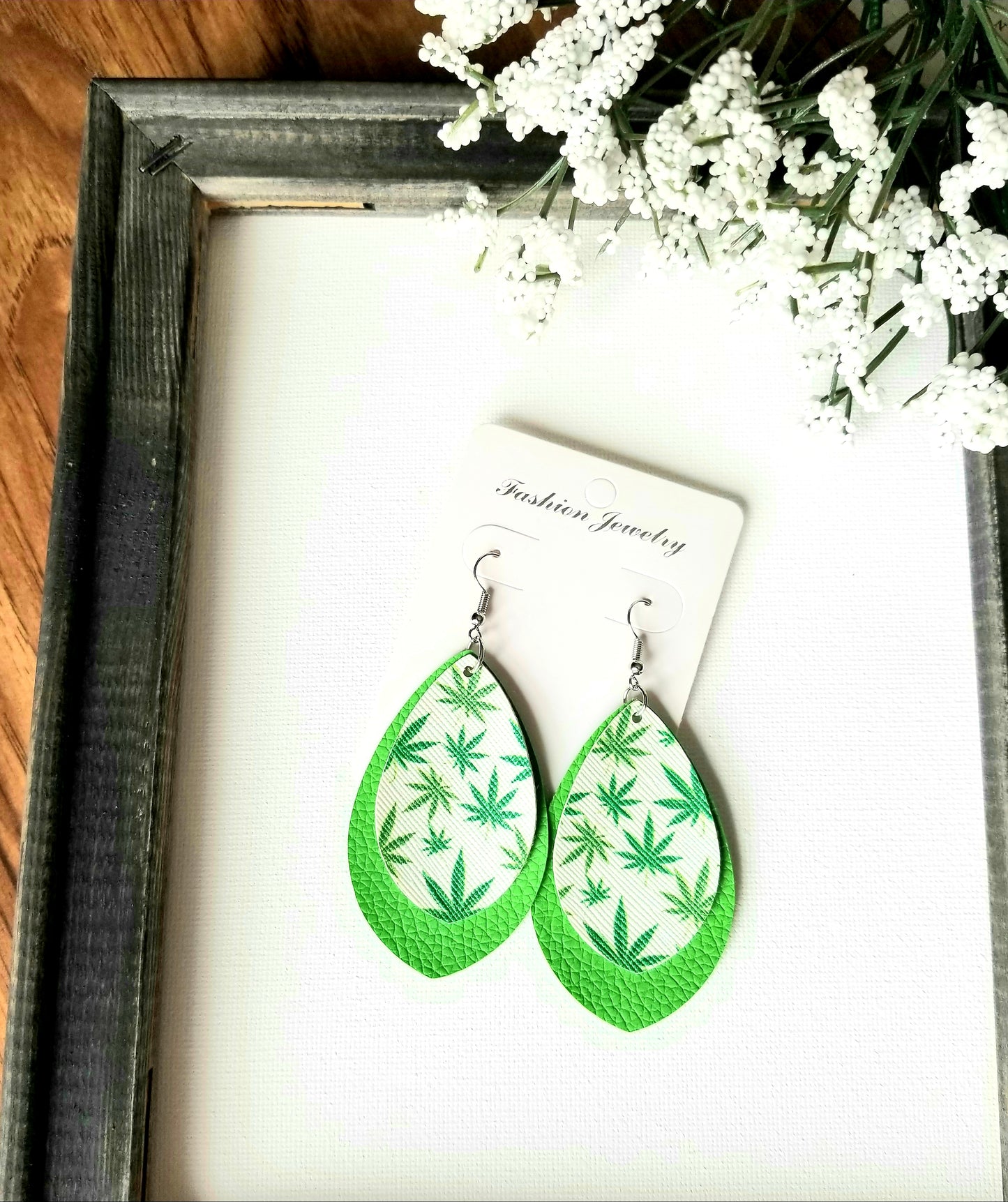 White & Green Pot Leaf Layered Earrings