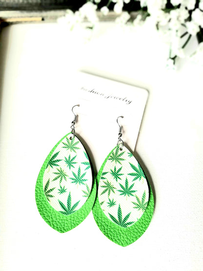 White & Green Pot Leaf Layered Earrings