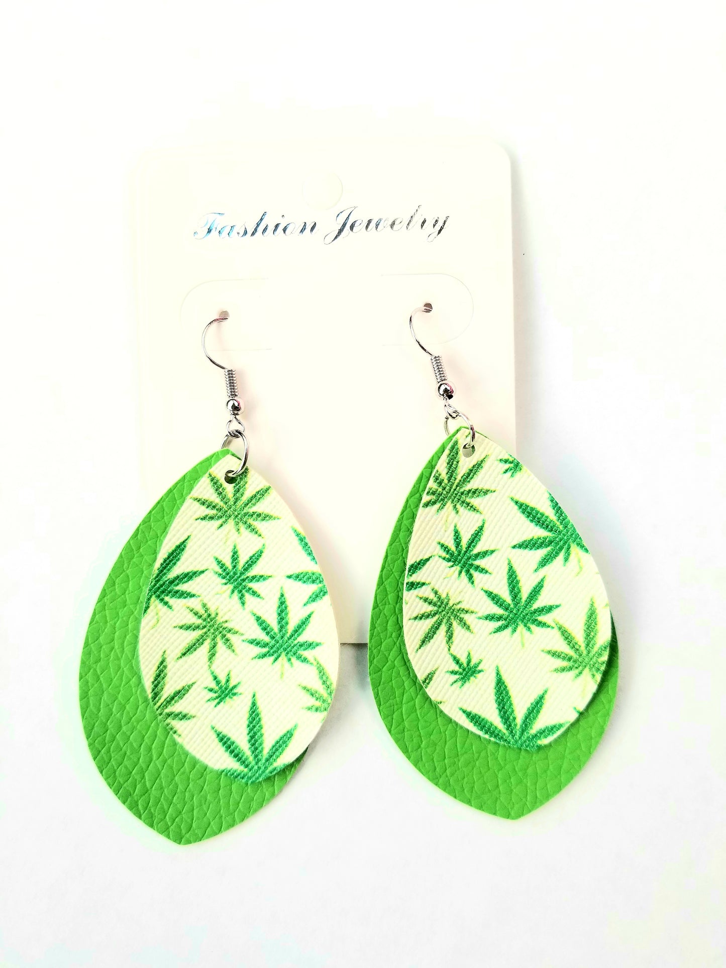 White & Green Pot Leaf Layered Earrings