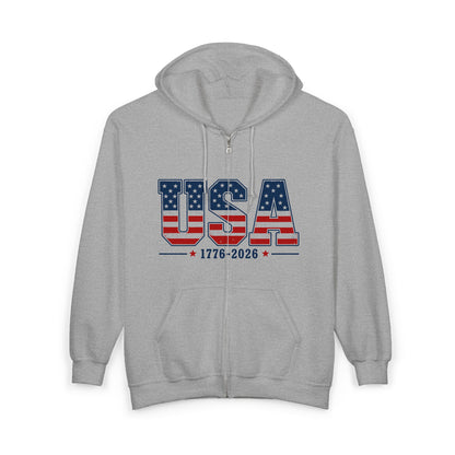 USA 1776-2026 Flag Zip Hoodie — Patriotic American Full-Zip Sweatshirt