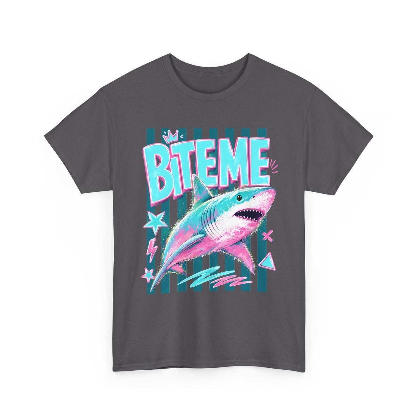 Shark 'Bite Me' Graphic Tee — Retro Neon Coastal Surf T-Shirt