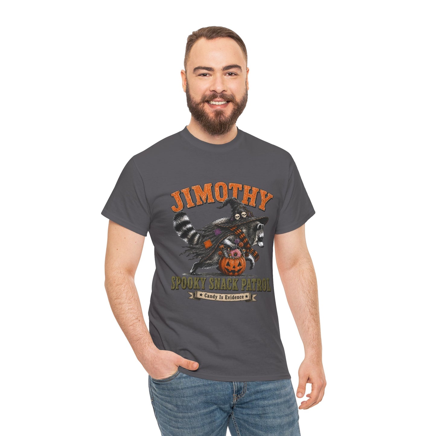 Halloween Racoon Tee — “Jimothy Spooky Snack Patrol” Graphic Shirt