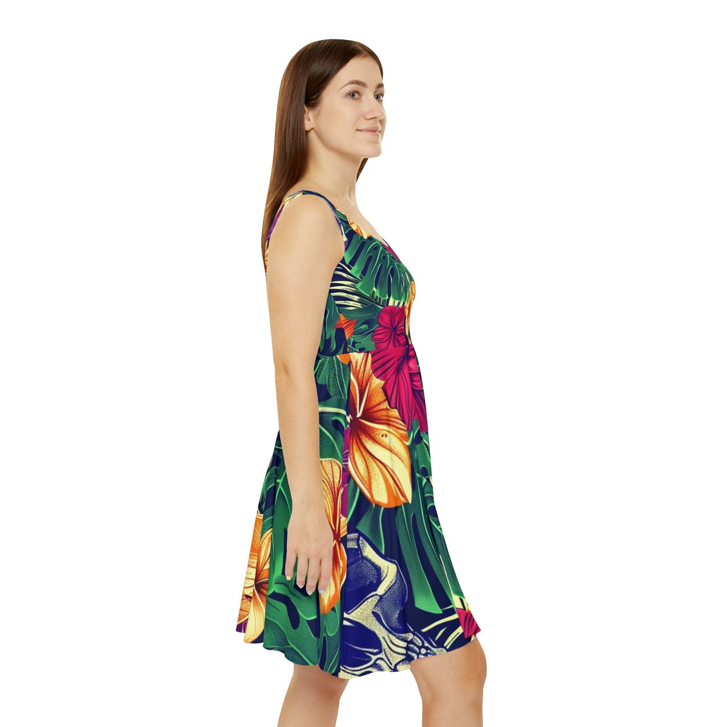 Tropical Skull Floral Skater Dress — Hawaiian Hibiscus & Monstera All-Over Print