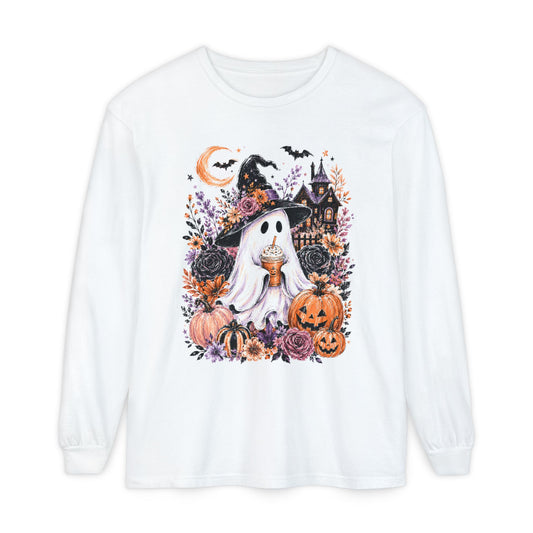 Cute Halloween Ghost Long Sleeve T-Shirt – Pumpkin & Haunted House Graphic