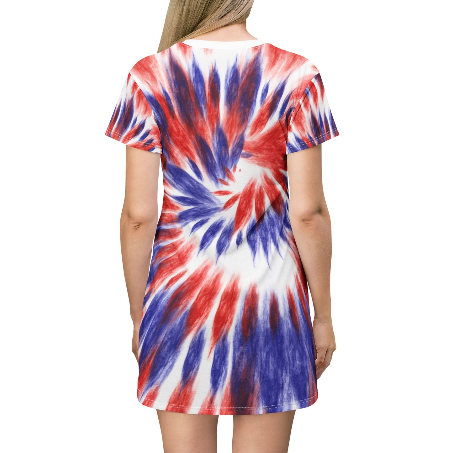 Tie-Dye Patriotic T-Shirt Dress — Red White & Blue Spiral All-Over Print